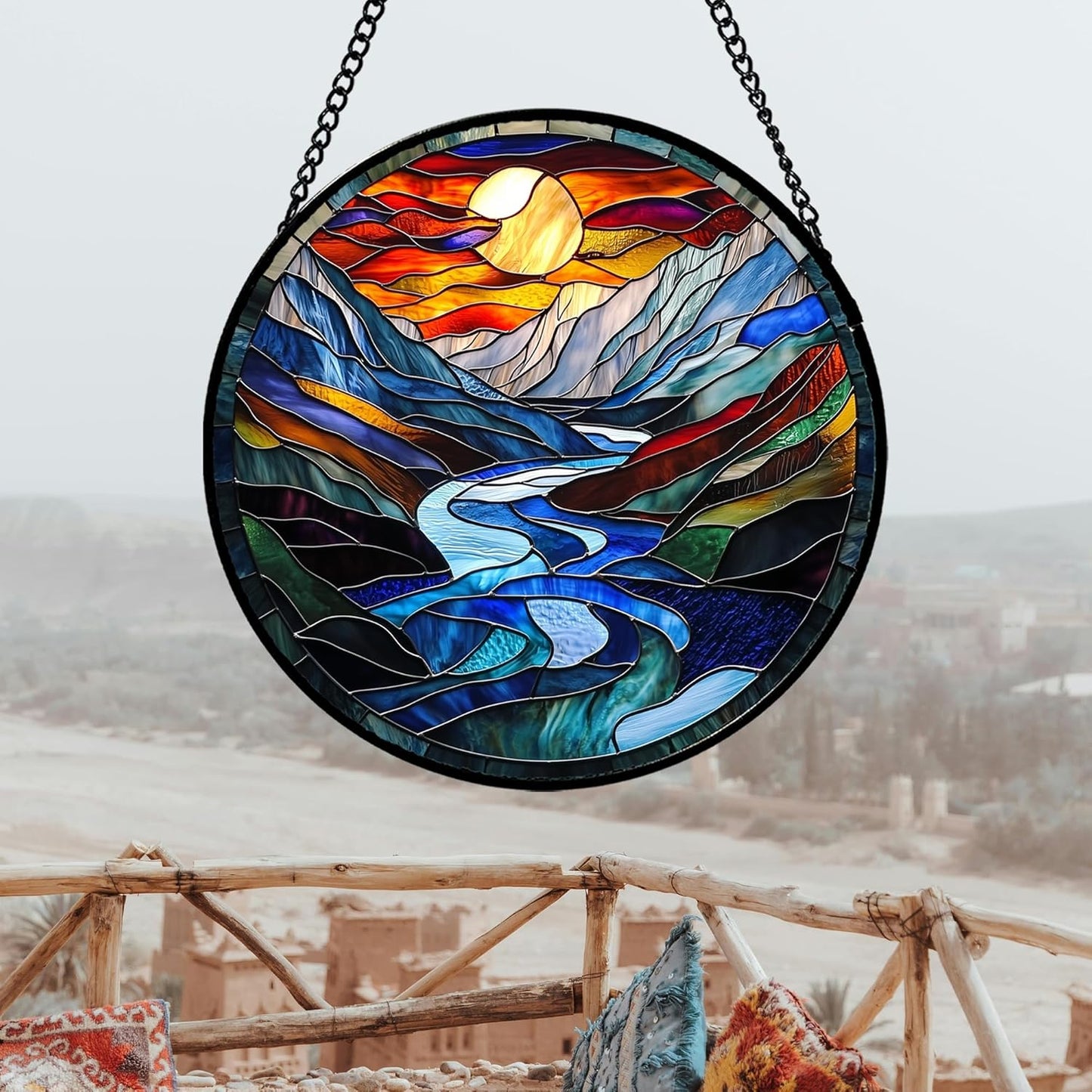 Stained Glass Window Hanging, Canyon Mountains Sunset View Sun Catcher for Window Home Decor Landscape Suncatcher Mother's Day Birthday Gifts for Women Men Mom and Nana 7.8 in