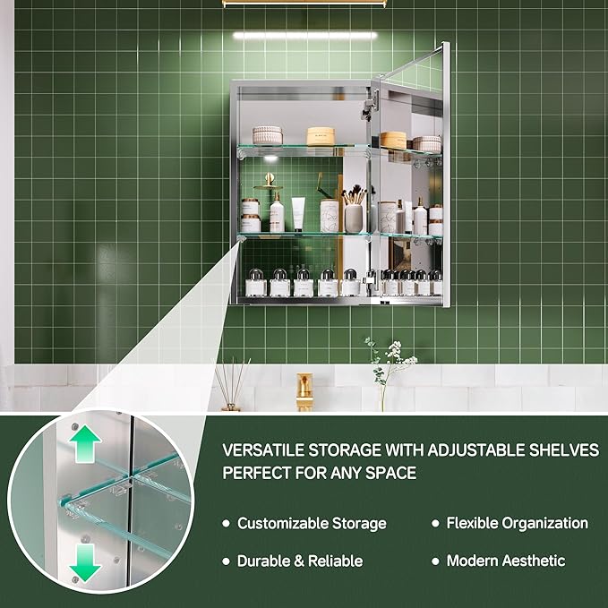 16’’×24’’ Bathroom Mirror Cabinet Soft-Close Medicine Cabinet with Mirror Door, Adjustable Shelves, Recessed/Surface Mount, Blum Hinge, Right Swing