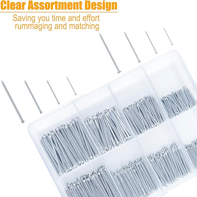 KURUI 700PCs Small Nails for Hanging Pictures & 8oz Small Hammer, Mini Hammer for Hanging Wall Decor, 280 Roofing/Wall Nails & 280 Finishing Nail, Picture Hangers Assortment Kit
