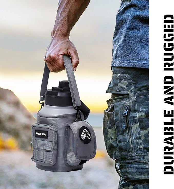 TRIBE WOD Tactical Water Bottle - 64 oz - Outdoor Military Water Bottles Stainless Steel - Double-Wall Jug with Rugged Strap and Removable Sleeve for Keys, Wallet, Phone (Ash Grey)