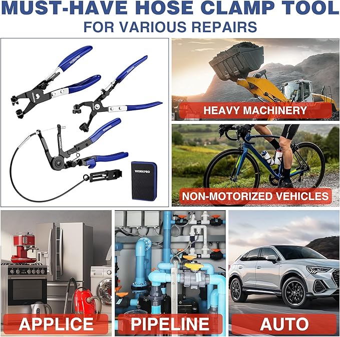 WORKPRO 3-Piece Hose Clamp Pliers Set with Pouch - 27" Long Reach Wire Spring Hose Clamp Plier & Angled Spring Clamp & Flat Band Pliers for Removal, Installation of Ring