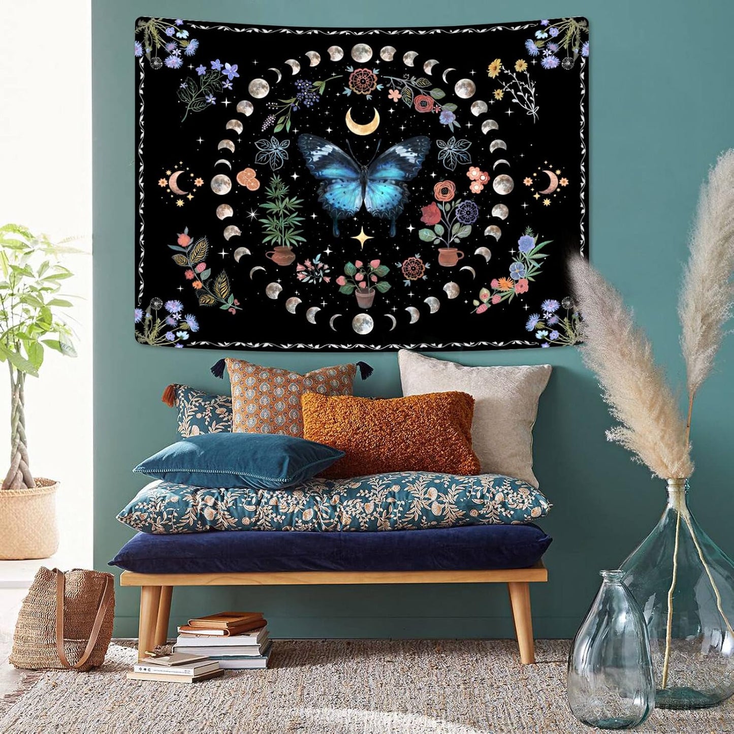 Fowocu Blue Butterfly Moon Flower Tapestry Boho Floral Plant Tapestries for Bedroom Aesthetic Nature Tapastry's Wall Hanging Mandala Botanical Wall Tapestry for Living Room Dorm (Blue, 48'' × 36'')