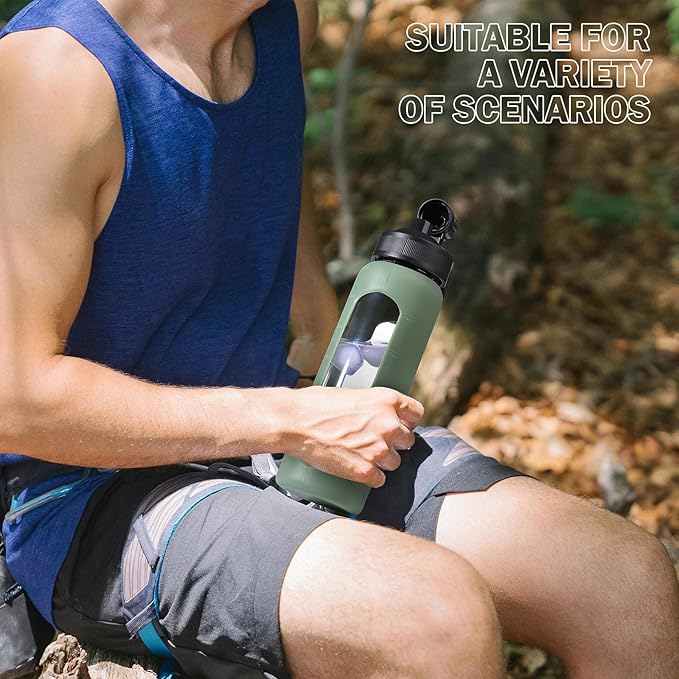 Glass Water Bottles with Straw -32oz- Water Bottle Phone Holder for Gym Large Motivational Water Bottle with Time Marker Glass Drinking Bottles 2 Lids - Spout & Bamboo Straw Lid(Olive)