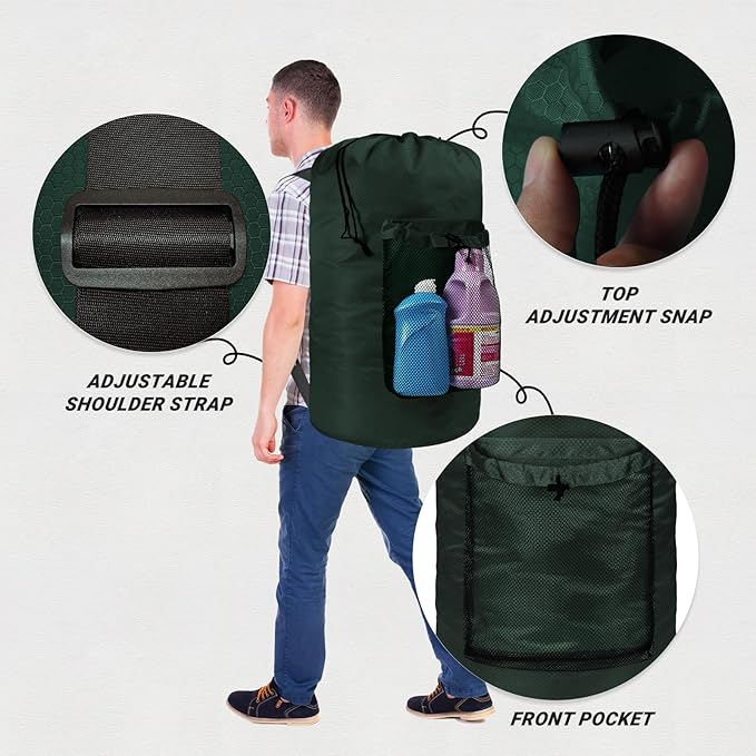 Laundry Bag with Shoulder Straps and Mesh Pocket Laundry Backpack Large Portable Laundry Hamper for College Laundromat Apartment (Green)