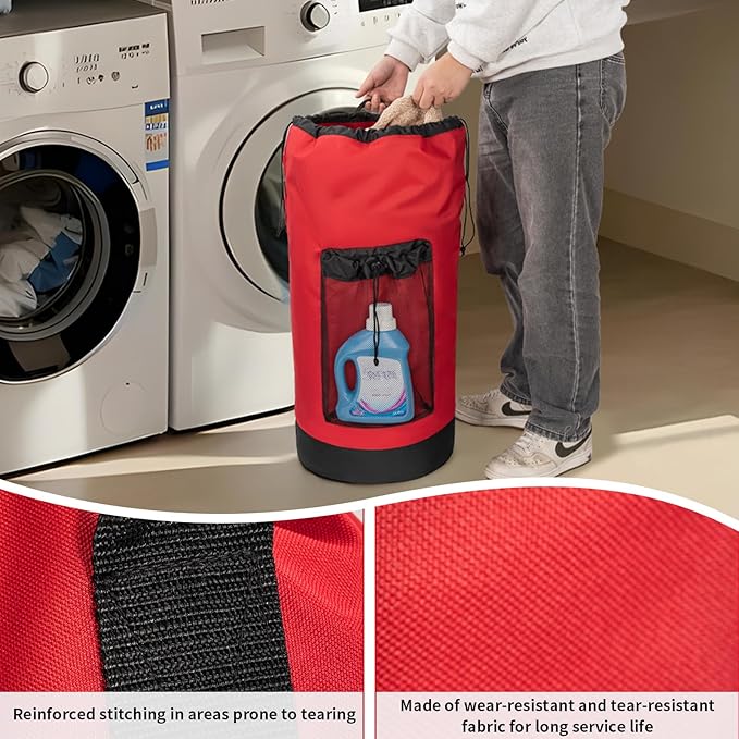 Laundry Bag Backpack with Shoulder Straps and Mesh Pocket Foldable Laundry Hamper for College, Apartment, Laundromat (Red)