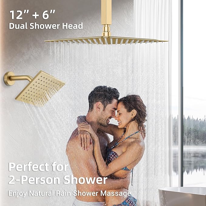 Dasan Brushed Gold Dual Shower Heads System with Ceiling 12-Inch Rainfall Shower & Wall Mount 6-Inch High Pressure Shower Head, Full Body Dual Shower Head Set