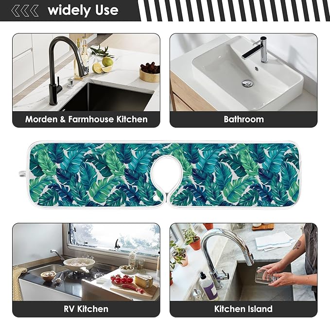 Kitchen Faucet Absorbent Mat,Turquoise Green Palm Leaves Water Splash Guard for Sink, Faucet Drip Catcher Thicken Sponge Microfiber Faucet Water Catcher Mat Sink Absorbent Mat for Kitchen 23x5in 2Pack