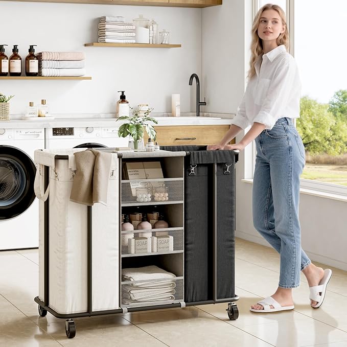 WOWLIVE Laundry Sorter 2 Section 200L Rolling Laundry Hamper with Hanging and Removable Bags Laundry Cart with Steel Frame and Storage Unit Large Basket Organizer for Dorm, Bathroom (Beige and Black)