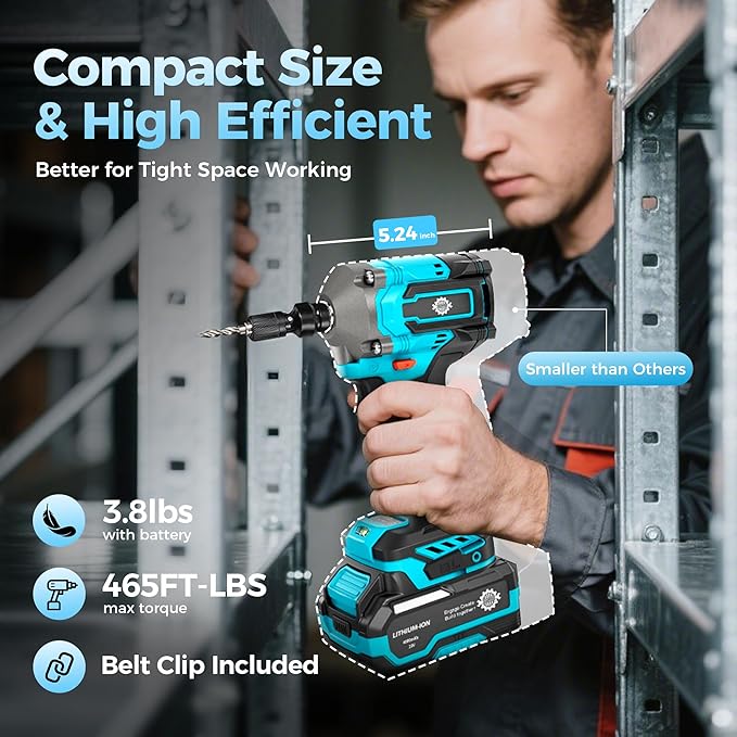 1/2" Cordless Impact Wrench with Brake, Brushless MAX 465Ft-lbs (630N.m) Impact Gun with 20V 4.0Ah Battery and Fast Charger, 2+1 Speed Mode, 2500RPM Power Electric Impact Wrench with LED Light for Car