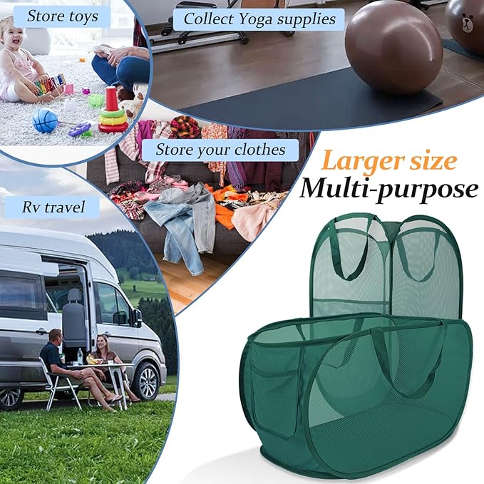 Upgraded Extra Large Mesh Pop Up Laundry Hamper 2 Pack, 100L Foldable Laundry Baskets, Dirty Clothes Hamper with Handles, Collapsible Hampers for Laundry Travel, Dorm or Home. Green