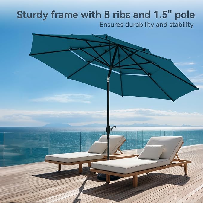 PHI VILLA 10ft Outdoor Patio Umbrellas for Outside, 3 Tier Vented Market Table Umbrella Windproof for Backyard, Deck, Garden, 1.5" Pole, Cyan（No Base）