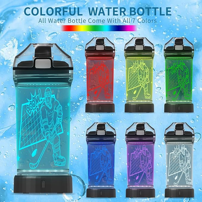 Kids Water Bottle with Ice Hockey Player Design 3D Glowing LED Light-Tritan BPA Free,Perfect for Back-to-School Season, Girls, Boys, Kids, Holiday Camping, Picnic Gifts - 14 oz Travel Mug