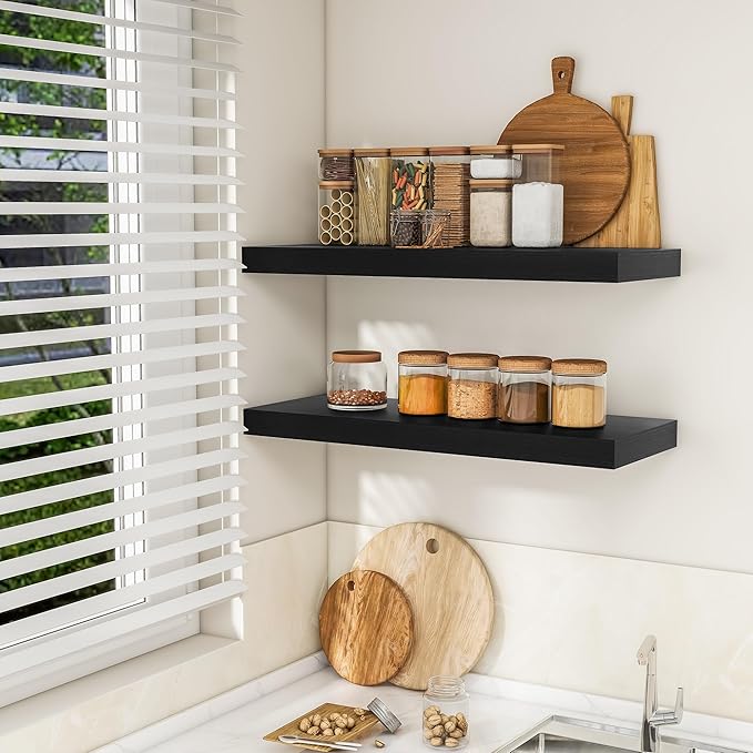 RICHFOCUS 36Inch Floating Shelves for Wall 2 Pack Shelves for Bedroom|Kitchen|Bathroom Wall Mounted Rustic Wood Floating Shelf with Invisible Brackets for Books|Storage|Decor, Black