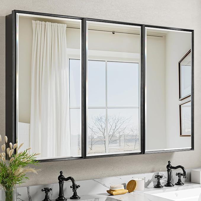 48x30 Inch Black Medicine Cabinet Mirror, Surface or Recessed Large Framed Medicine Cabinet with 3 Beveled Mirror Door & Adjustable Shelves,Shatterproof, Full-Assembled Storage Wall Cabinet