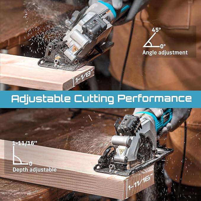 Seesii Mini Circular Saw with Laser Guide,4.8A 4000 RPM Compact Corded Circular Saw with Rip Guide,3 Blades (4-1/2") for Wood,Soft Metal,Tile,Plastic Cutting,Max Cut Depth 1-11/16"(90°),1-1/8" (45°)