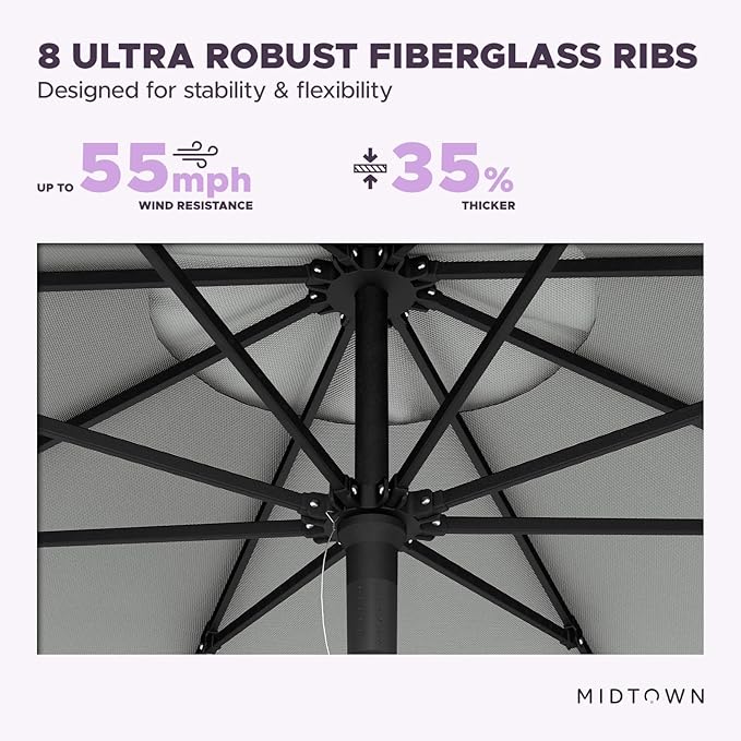 Midtown Umbrellas Push and Pop 10 Feet Outdoor Umbrella, Matter (Grey) Polyester Fabric - Fiberglass Ribs Deck Patio Umbrella, Backyard Umbrella, Garden Umbrella & Pool Umbrella - Black Pole