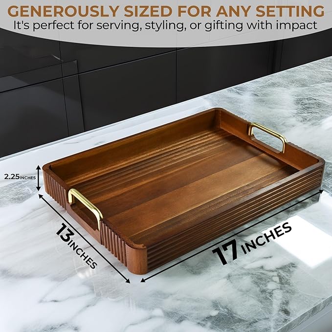 Acacia Wood Serving Tray with Metal Handles – 17x12in Rustic Decorative Ottoman & Coffee Table Tray for Breakfast in Bed, Dinner, Bar, Kitchen, Home Décor & Entertaining