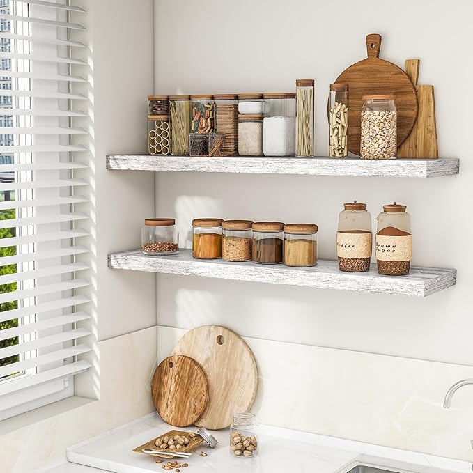 RICHFOCUS 48Inch Floating Shelves for Wall 2 Pack Shelves for Bedroom|Kitchen|Bathroom Wall Mounted Rustic Distressed Wood Floating Shelf with Invisible Brackets for Books|Storage|Decor, Rustic