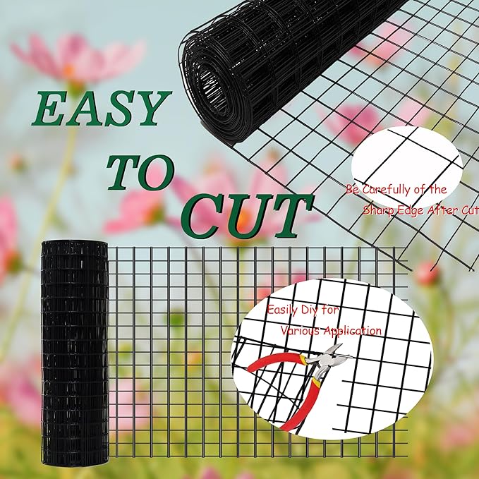 Black Metal Garden Fence, 48inch(H) x 50ft(L), 2 inch x 3 inch,14GA 2/3/4/5/6 Ft Tall Chicken Wire PVC Coated Welded Wire Mesh Roll for Dogs Border Yard Vegetable Plant Protection Poultry Netting
