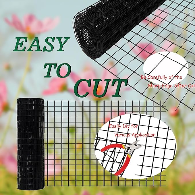 Black Metal Garden Fence, 60inch(H) x 50ft(L), 2 inch x 3 inch,14GA 2/3/4/5/6 Ft Tall Chicken Wire PVC Coated Welded Wire Mesh Roll for Dogs Border Yard Vegetable Plant Protection Poultry Netting