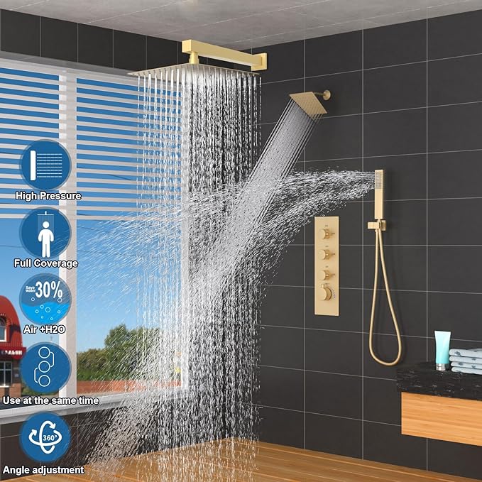 Enga Thermostatic Dual Shower System, 12"+6" Wall Mount Dual Rain Shower Faucet, All Functions Use Together & Volume Adjustable, Brushed Gold