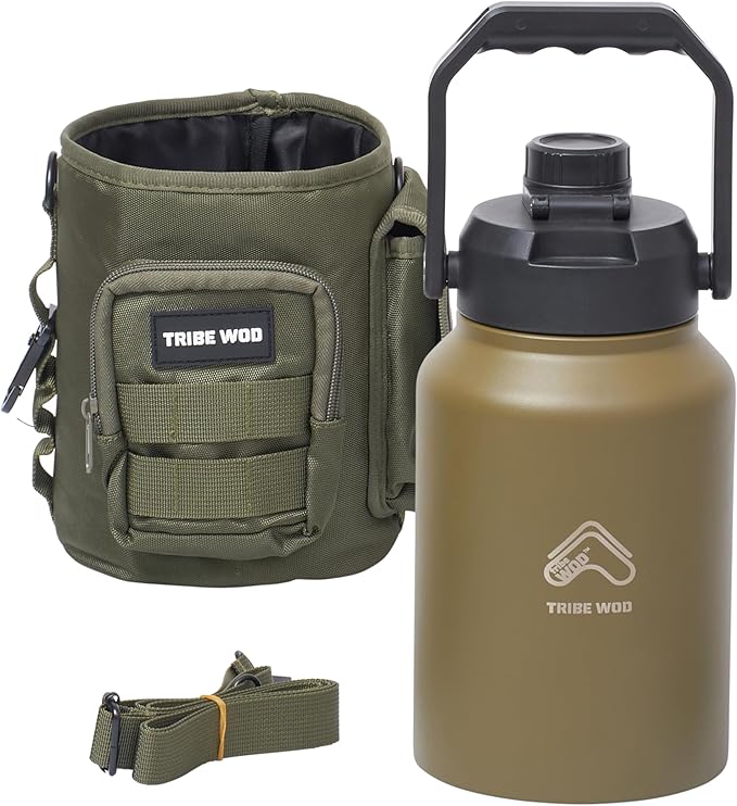 TRIBE WOD Tactical Water Bottle - 64 oz - Outdoor Military Water Bottles Stainless Steel - Double-Wall Jug with Rugged Strap and Removable Sleeve for Keys, Wallet, Phone (Military Olive)