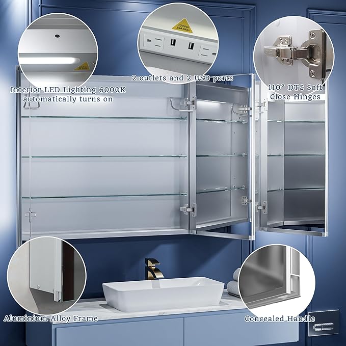 ExBrite LED Lighted Bathroom Medicine Cabinet with Mirror, 48 x 30 Inch, Recessed or Surface Mount, Anti-Fog, Stepless Dimming, Color Temperature Change, Built-in 6000K Sensor Light, Storage Shelves