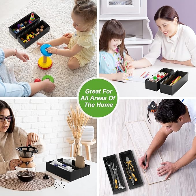 Premium Bamboo Kitchen Drawer Organizer - Set of 2, Stackable Utensils Holder, Storage Box Tray for Kitchen Drawers, Cabinet, Utensil, Silverware, Spatula, Flatware or Makeup, Vanity, Bathroom(Black)