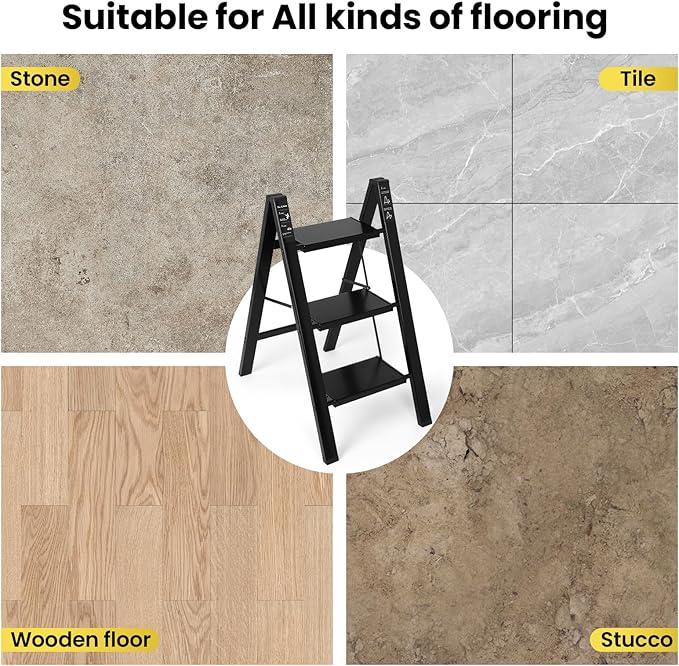 FAHKNS 3 Step Ladder, Aluminum Light Folding 3 Step Stool with Non-Slip Wide Pedal (7.9Inch), 330Lbs Capacity Stepping Stool, Step Ladder 3 Step Folding for Office,Household,Kitchen, Black