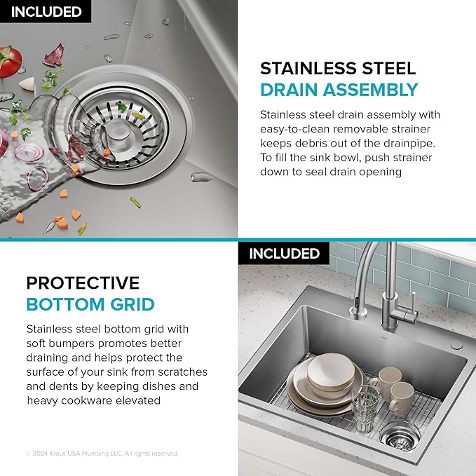 KRAUS Fairlane 25-inch Drop In/Top Mount Single Bowl 18-Gauge Stainless Steel Kitchen Sink, KHT641-25