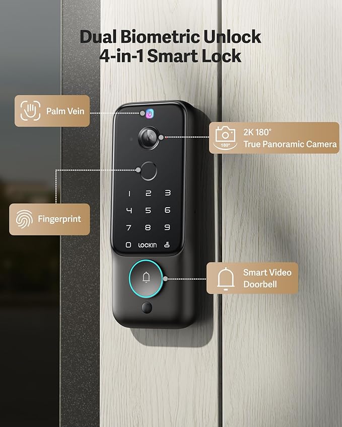 Lockin Veno Plus Smart Lock with 2K 180° Security Camera & Video Doorbell, AI Local Storage, Palm Vein/Fingerprint Keyless Entry Door Lock, Smart Locks for Front Door Bulit in Wi-Fi, App Control