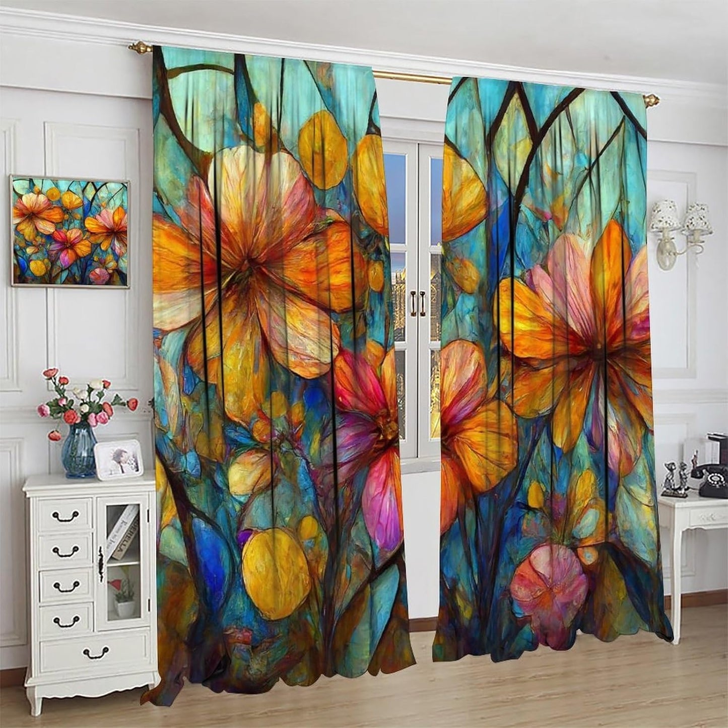 Stained Glass Curtains,Magic Forest Colorful Flowers Abstract Art Home Decor Drapes for Bedroom Living Room Kitchen Window Treatment 2 Panels Set Total Size 42" W X 54" L Inch
