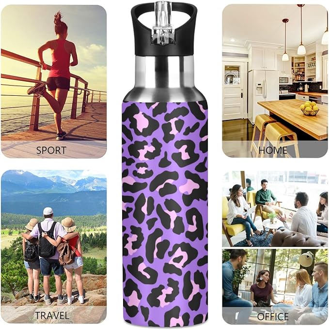 Qilmy Black and White Leopard Water Bottle Vacuum Insulated Stainless Steel Water Bottles with Straw Lid Leakproof Wide Mouth Water Flask for Fitness Outdoor Sports, 20 oz