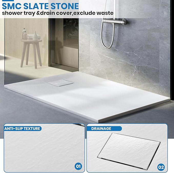 Shower Base with Drain, Non-Slip Shower Pan 60"×36", White SMC Shower Tray for Bathroom Assembly