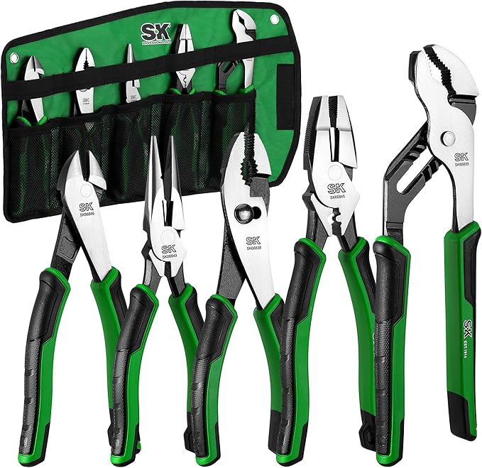 SK 5-Piece Pliers Set, 8" Needle Nose & Slip Joint & Diagonal Pliers, 9.5" Linesman, and 10" Groove Joint, CR-V Construction, Anti-slip Handle, with Rolling Pouch