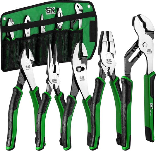 SK 5-Piece Pliers Set, 8" Needle Nose & Slip Joint & Diagonal Pliers, 9.5" Linesman, and 10" Groove Joint, CR-V Construction, Anti-slip Handle, with Rolling Pouch