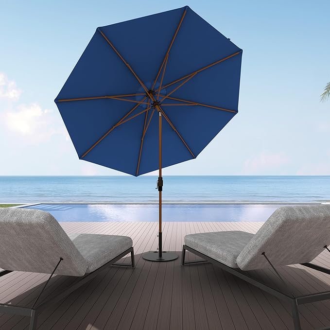 Midtown Umbrellas Sunbrella Umbrella Large Patio Umbrella 2-10 Feet in Dark Blue Fabric, Auto-Tilt Aluminum Frame Backyard Umbrella, Deck Umbrella, Garden Umbrella & Porch Umbrella - Wooden Pole