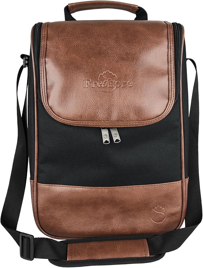 Freshore® Wine Leather Tote Cooler Insulated Bag - Luxury 2 Bottle Carrier Design For Lunch/Travel - Idea Gift For Women/Man