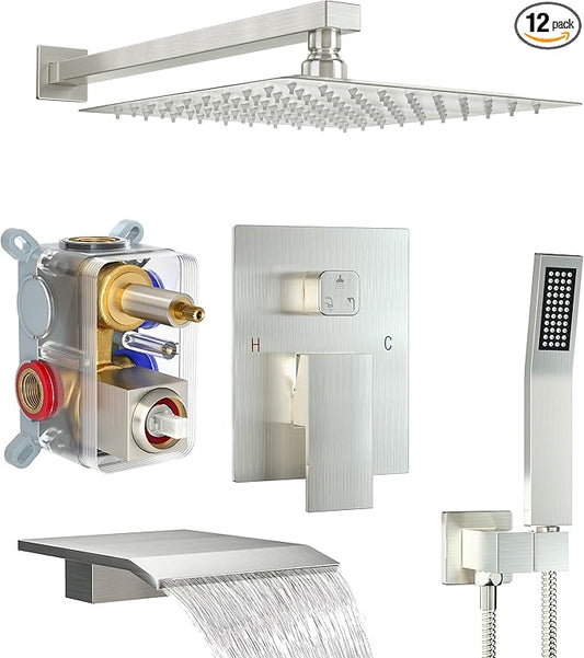 Shower System with Tub Spout, Wall Mounted Shower Faucet Set for Bathroom with 10 Inch Rain Shower Head and Handheld Shower Head Set, Brushed Nickel