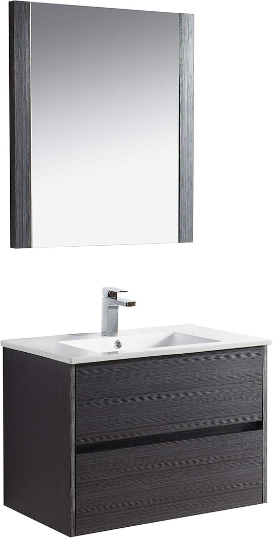 Blossom Single Bathroom Vanity with Ceramic Sink and Mirror | All Wood Floating Vanity Cabinet | 2 Soft-Closing U-Shaped Cutout Drawers | 30" w/Ceramic Sink and Mirror, Silver Grey