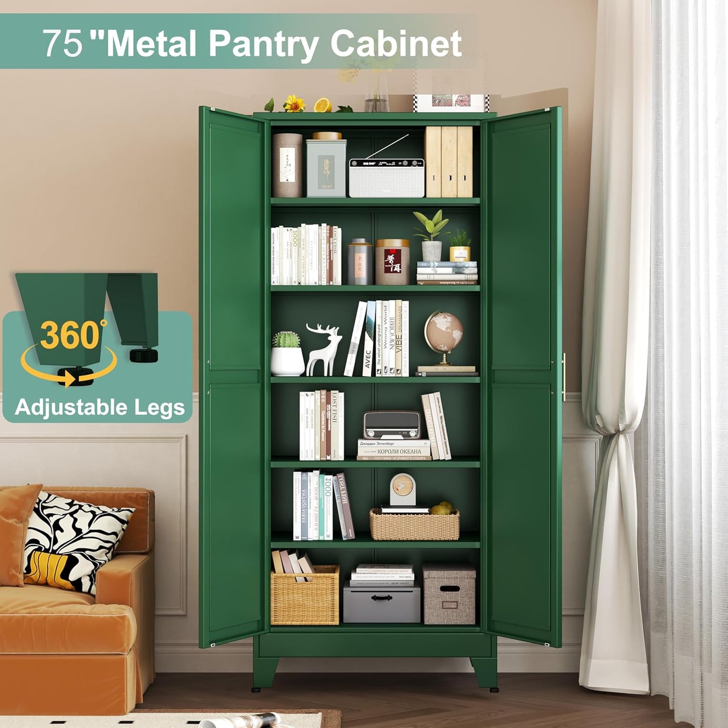 Metal Pantry Cabinet with 2 Doors and 5 Adjustable Shelves, 75" Kitchen Storage Cabinet with Gold Handles, Versatile Storage for Laundry, Living, Bathroom, Dining, Utility Room - Green