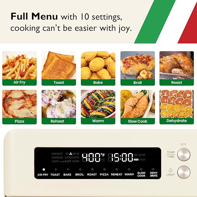 VAL CUCINA Air Fryer Toaster Oven Combo 10-in-1 Countertop Oven with Graphene Heating and True Convection, Non-Toxic Enamel Interior, Bake 12" Pizza, 6 Slices Toast, with Enamel Baking Pan Easy Clean
