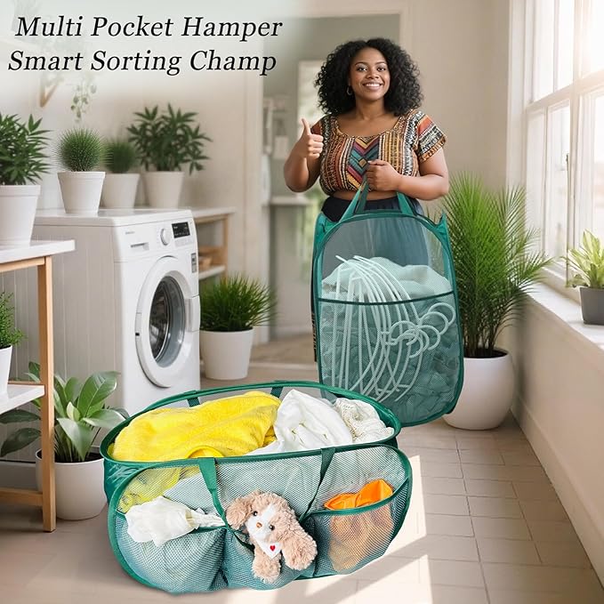 Collapsible Laundry Basket 2 pack, Mesh Pop Up Laundry Hampers with Handles, Anti-tear, Light Breathable, Odor-free, Fold Compact, Large Hold Portable Travel Laundry Bag for Home Bin, Green. H+V