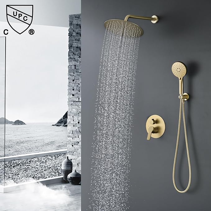 Shower Faucet Set Brass 10IN Rough-In Valve Body Trim Kit Rainfall Included Handle Accessories Complete 2 Functions with Rain Head and Handheld Bathroom Systems (10'', Brushed Gold)