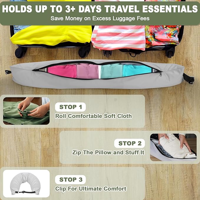 Stuffable Neck Pillow for Travel - Waterproof Travel Neck Pillow Case Cover, Adjustable Stuffable Travel Pillow Storage Bag, Fits Up to 3 Days of Travel Essentials, Transformable Luggage Pillowcase