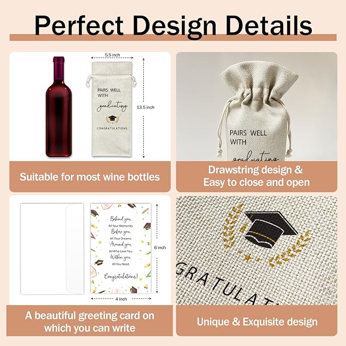 Graduation Wine Gift Bags & Card, Graduation Gifts for Him Her Son Daughter College, Pairs Well With Graduating, 1 pcs Reusable Burlap Wine Gift Bags for Wine Bottles, Graduation Party Decor Favor -27