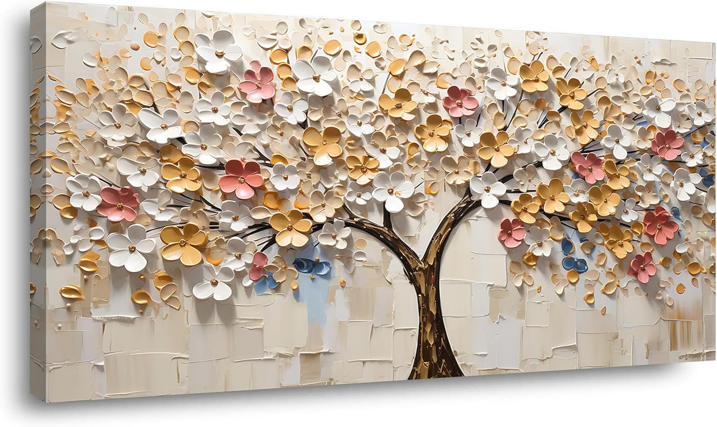 LASMOND White Spring Tree of Life Wall Art Office Decor Living Room Modern Painting Prints Pictures Abstract Floral Flower Nature Canvas Large Landscape Artwork (16x30 Inches)