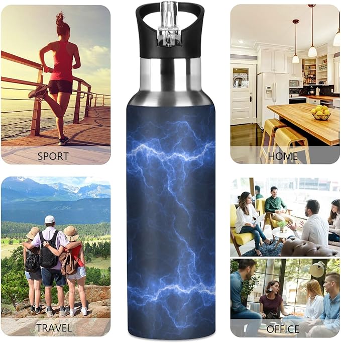 Qilmy Black and White Leopard Water Bottle Vacuum Insulated Stainless Steel Water Bottles with Straw Lid Leakproof Wide Mouth Water Flask for Fitness Outdoor Sports, 20 oz