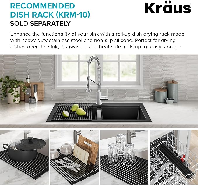KRAUS Quarza 33-inch Drop-In/Undermount 50/50 Double Bowl Granite Kitchen Sink in Black Onyx, KGD-433B