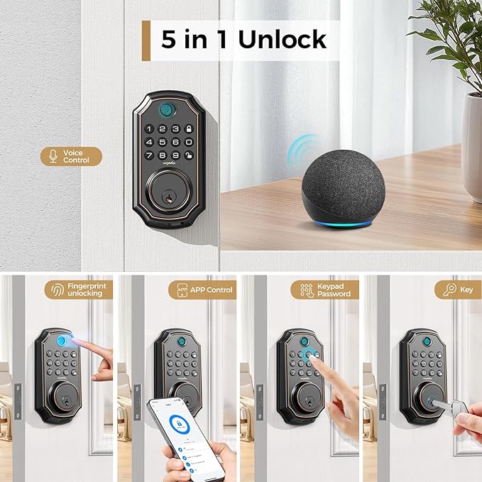 ARPHA Fingerprint Smart Door Lock - Keyless Entry Door Lock, Built-in WiFi Deadbolt with Keypad, APP Remote Control, Easy Installation (WiFi+Fingerprint+Password)